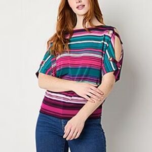 NEW Bold Elements V Neck Elbow Sleeve Blouse Cut out Multi Stripe XL Shirt Top